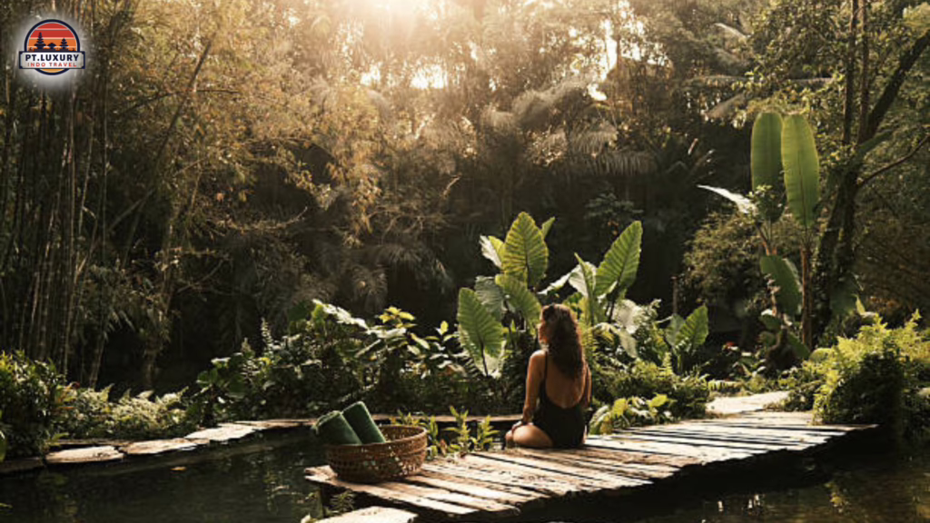 Woman relaxing on a Bali jungle swing bed overlooking lush tropical greenery and sunrise views.
