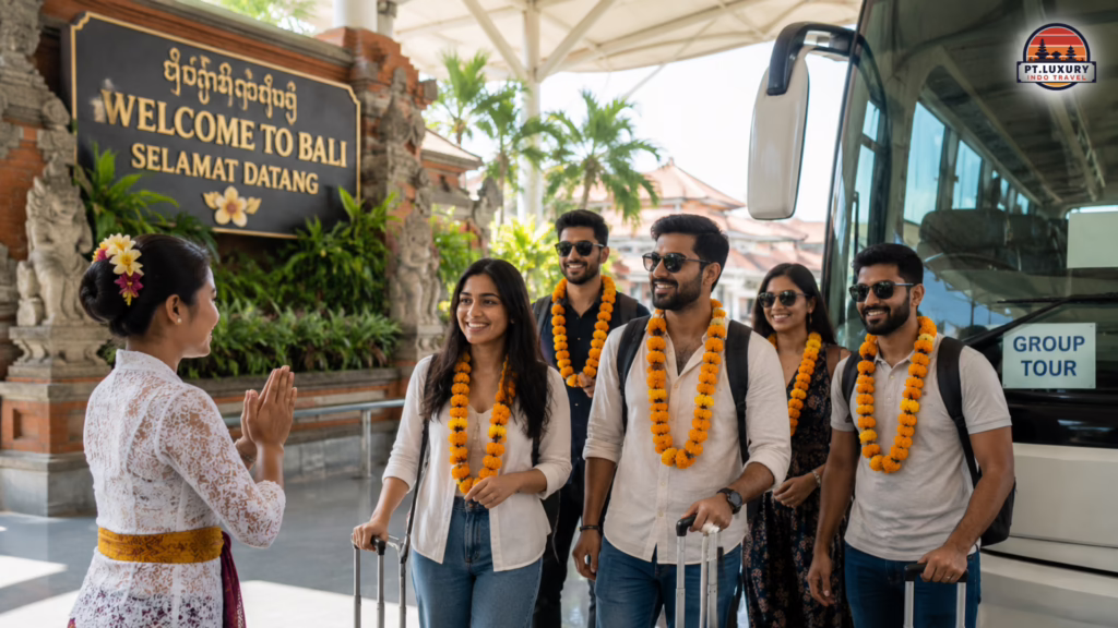 A Balinese woman greets a group of Indian travelers wearing flower garlands next to a group tour bus and a Welcome to Bali sign