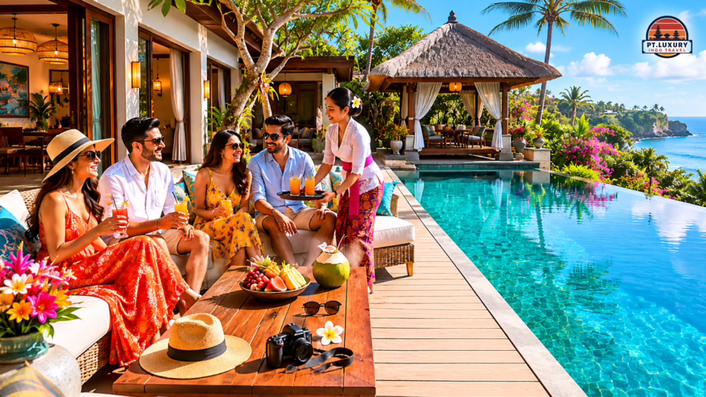 Two couples at a luxury Bali villa being served drinks by an infinity pool overlooking the ocean