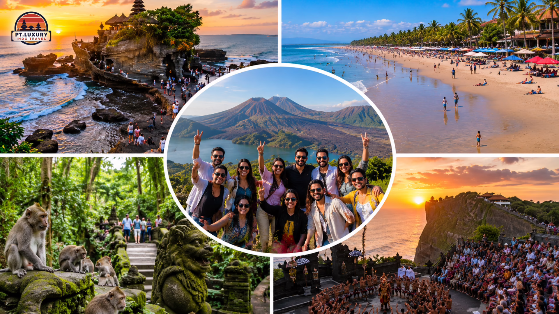 Collage of Bali travel highlights: Tanah Lot temple, beaches, monkeys, a Kecak dance, and a group at Mount Batur