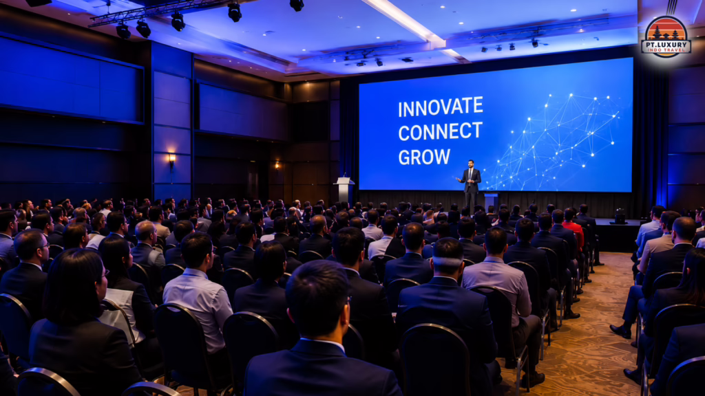 A speaker addresses a large audience at a corporate conference with a screen reading Innovate Connect Grow