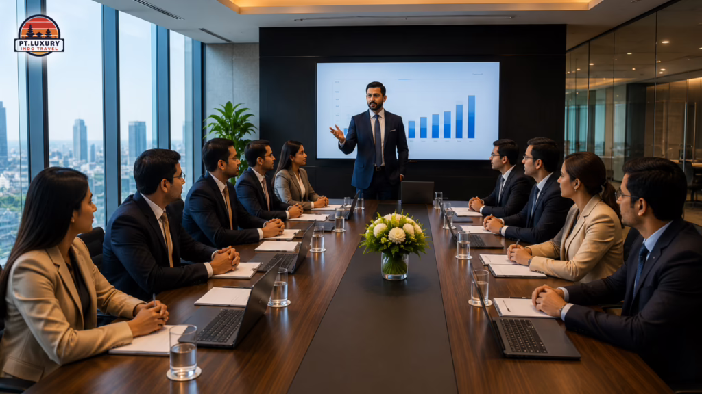 A professional presenting a growth chart to a group of corporate delegates in a modern boardroom