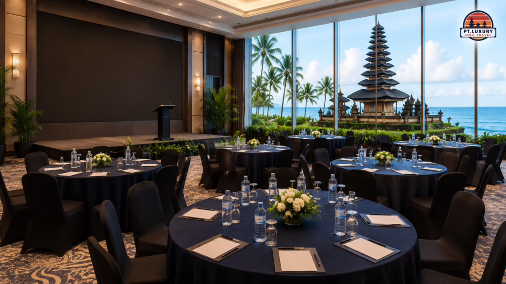 Luxury corporate conference hall in Bali with round tables and a scenic view of a traditional temple and the ocean