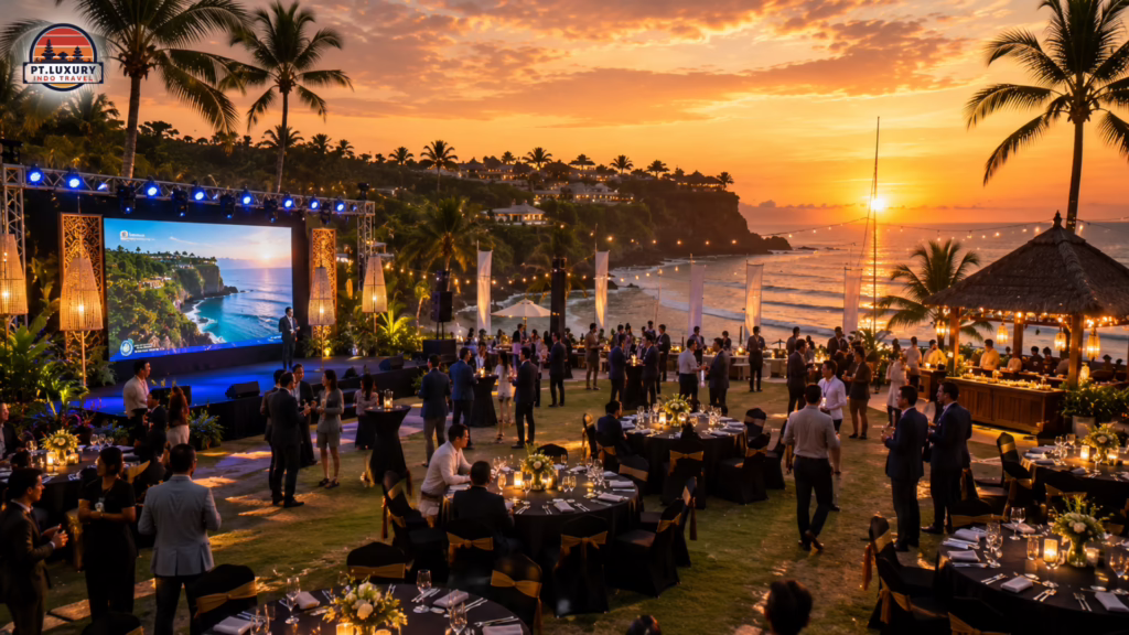 Outdoor corporate gala dinner in Bali at sunset featuring a large stage screen, guests, and ocean views