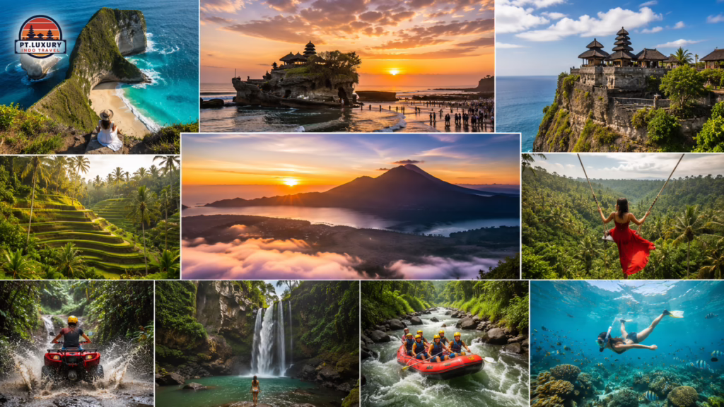 Collage of Bali attractions: temples, rice terraces, mountain sunrise, jungle swing, ATV riding, rafting, and snorkeling