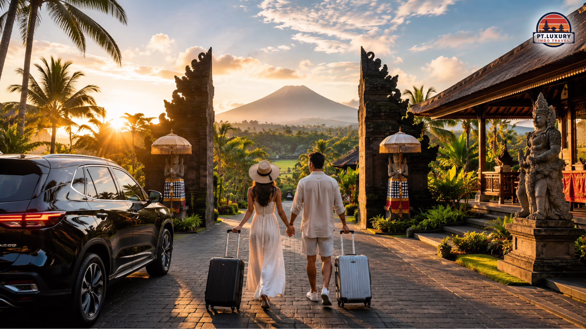 A couple with suitcases walks through a Balinese split gate toward a volcano at sunset