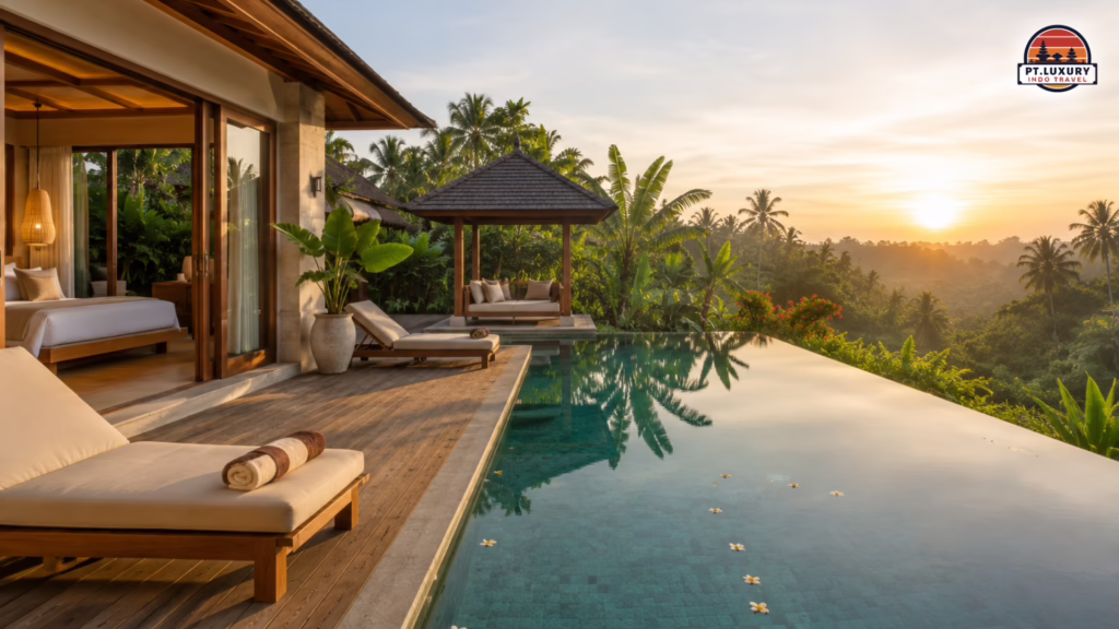 A modern luxury private villa in Bali with an infinity pool overlooking lush tropical forests, offering a peaceful and exclusive holiday experience.