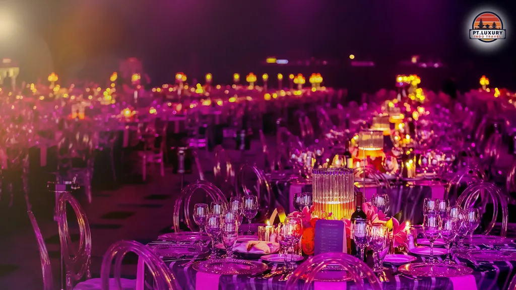 Corporate group celebrating at a vibrant luxury gala night in Bali with colorful lighting and entertainment