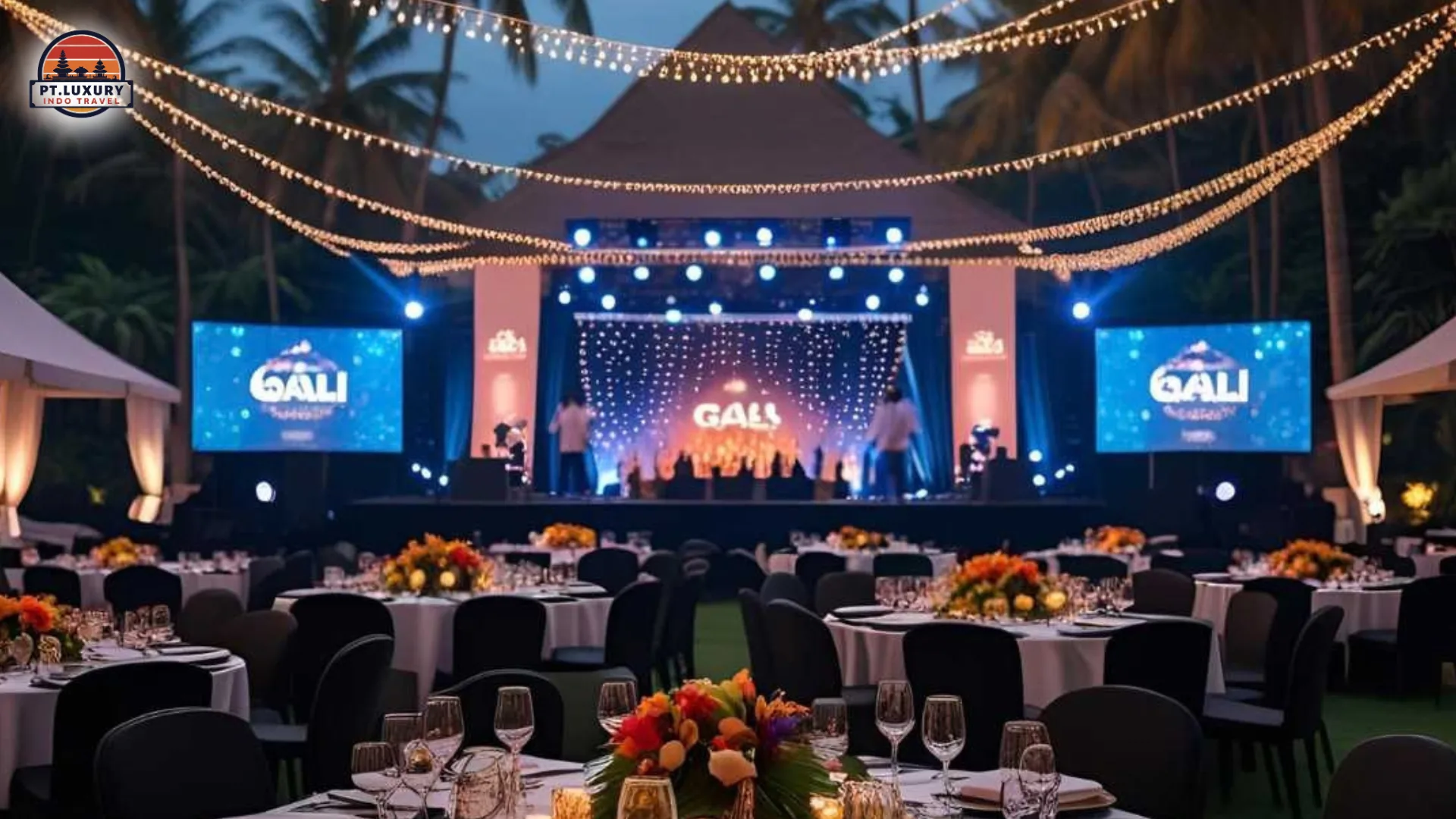Corporate guests attending a Bali gala night with live stage entertainment and elegant event décor