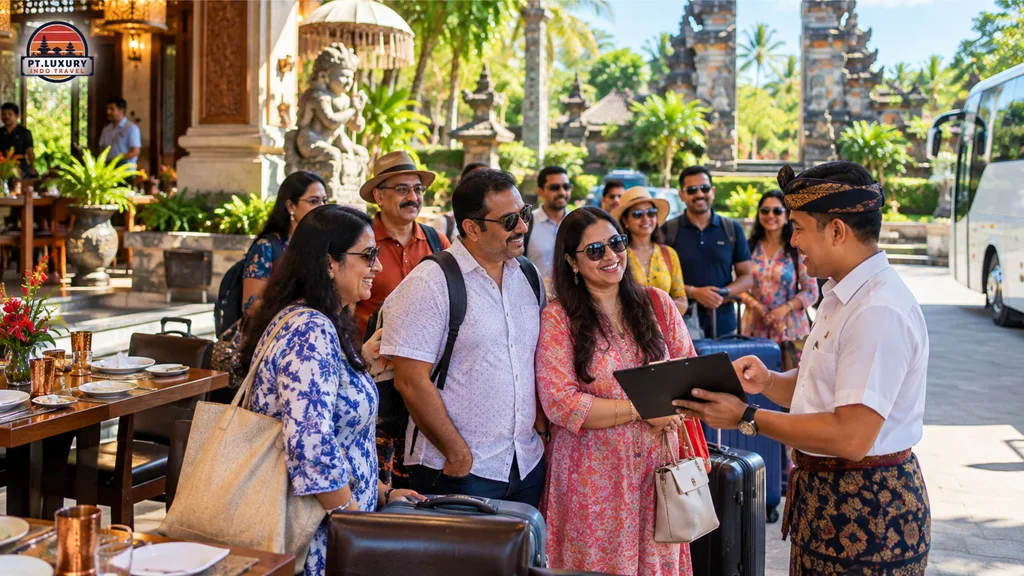 Indian tourists enjoying Indian food together at a restaurant in Bali