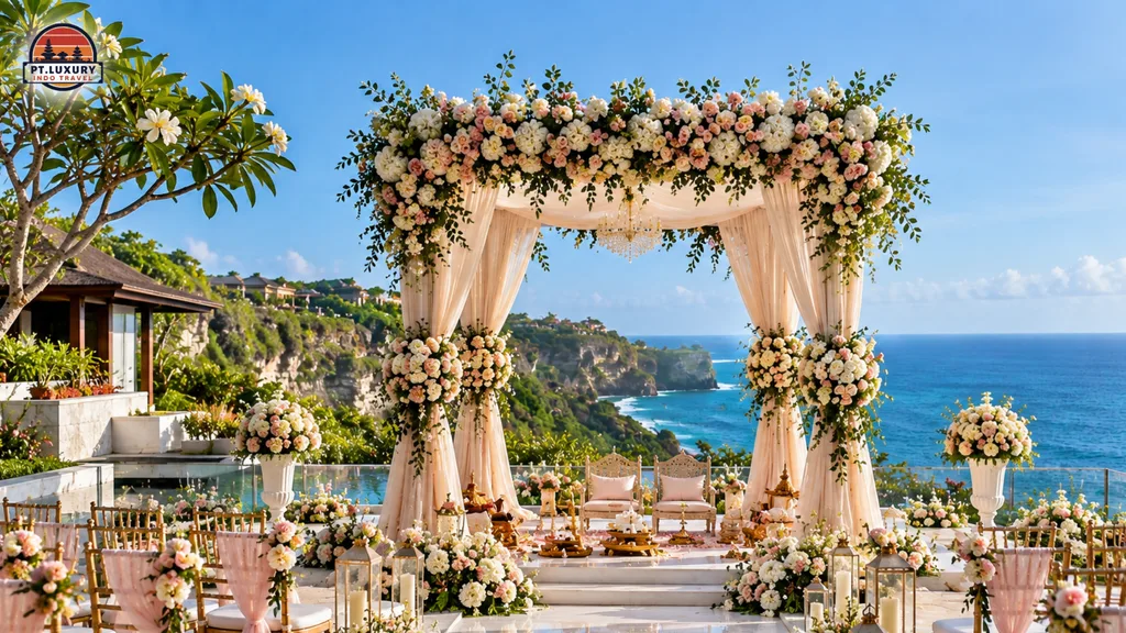 Elegant Bali clifftop wedding venue featuring a floral mandap, premium guest seating, tropical greenery and ocean views.