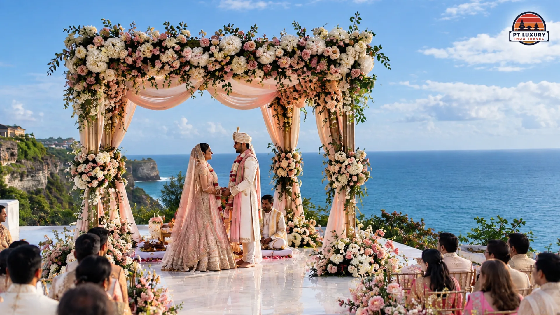 Indian bride and groom celebrating their destination wedding beneath a floral mandap overlooking the ocean in Bali.