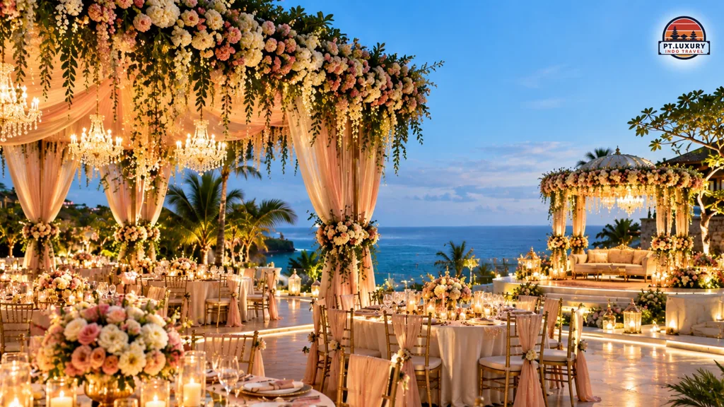 Elegant Bali seaside wedding reception featuring floral canopies, chandeliers, candlelit tables and premium wedding décor.