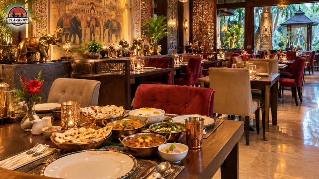 Travel coordinator helping Indian tourists plan their Bali itinerary at a restaurant