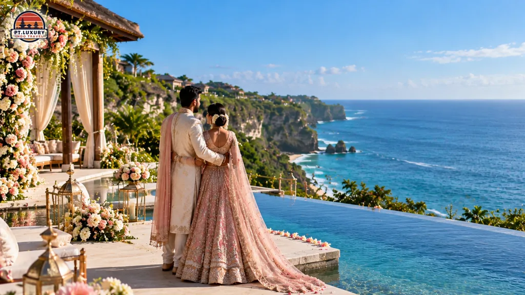 Indian newlywed couple in traditional wedding attire enjoying ocean views beside an infinity pool at a luxury Bali resort.