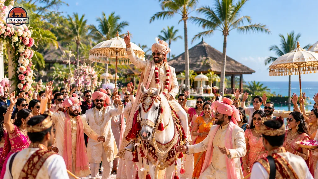 Indian groom arriving on a decorated white horse during a traditional baraat celebration at a luxury Bali wedding venue.